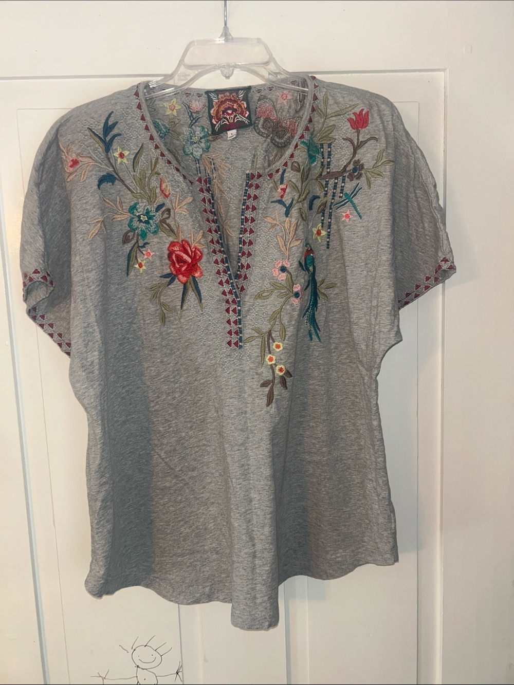 Johnny Was Gray Short Sleeve Tee with Colorful Floral Embroidery